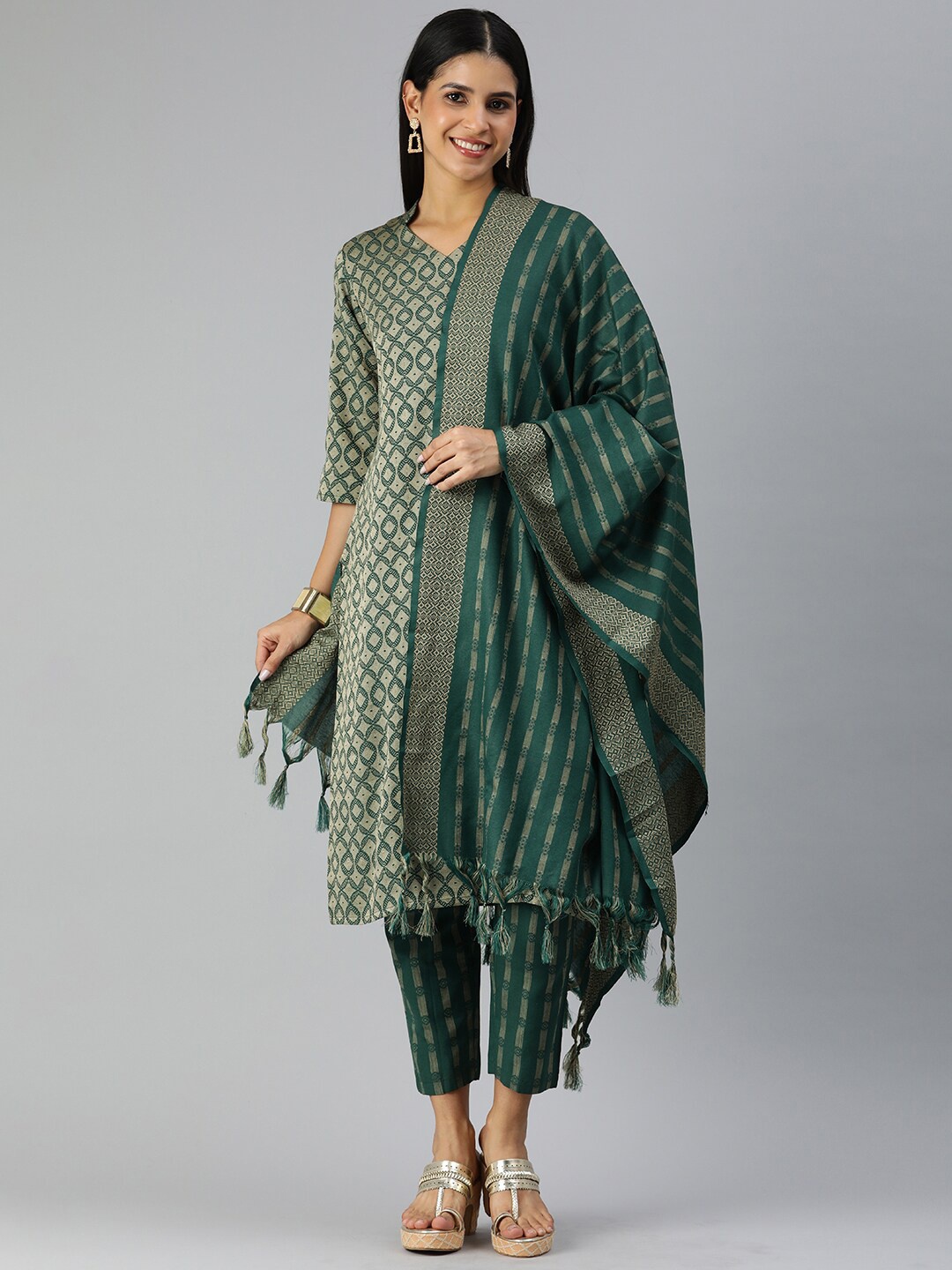 

Saanjh Olive Green Ethnic Woven Design Straight Kurta with Trousers & Dupatta