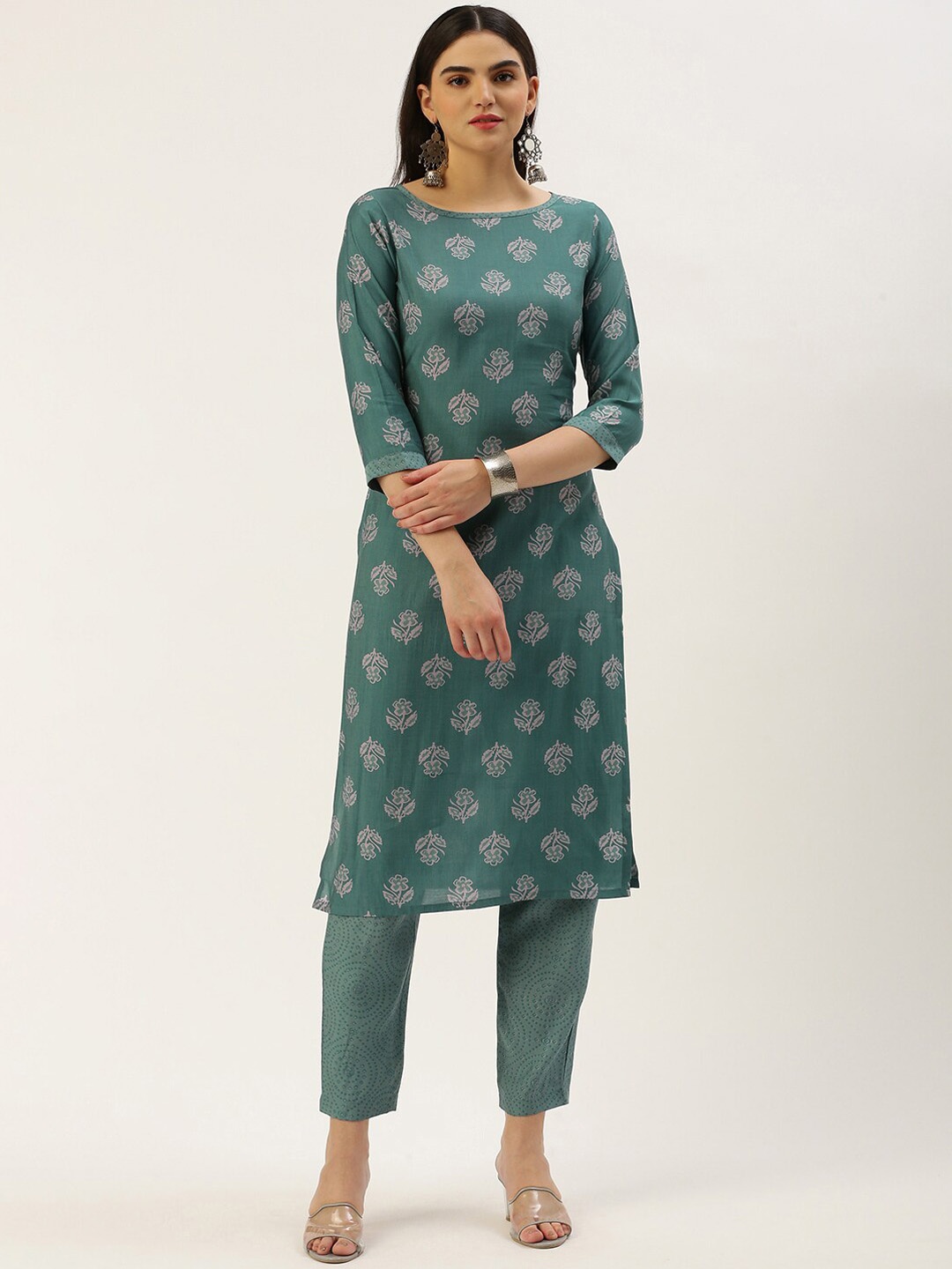 

Saanjh Turquoise Blue Floral Printed Regular Straight Kurta with Trousers