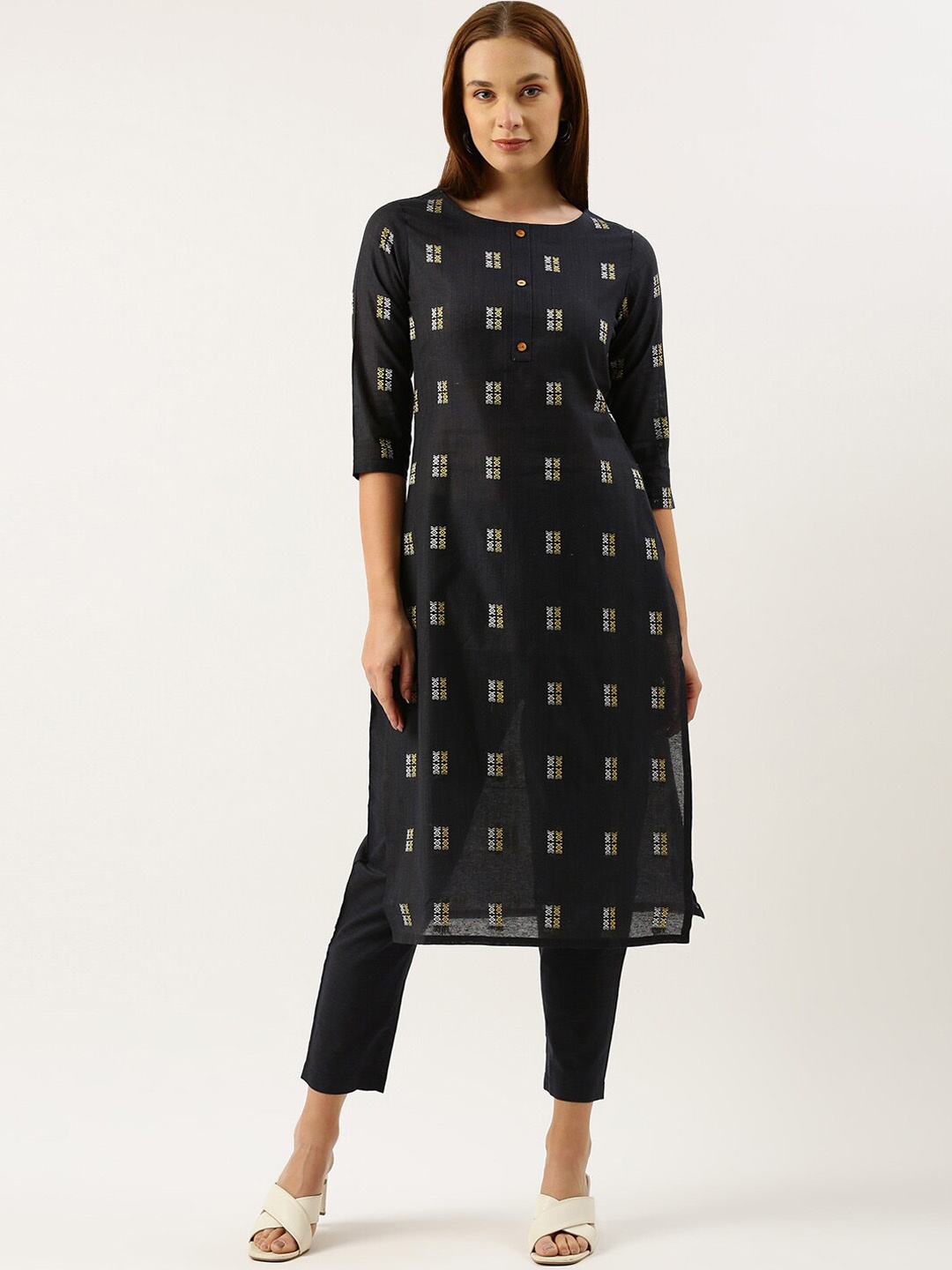 

Saanjh Black Ethnic Woven Design Regular Straight Kurta with Trousers