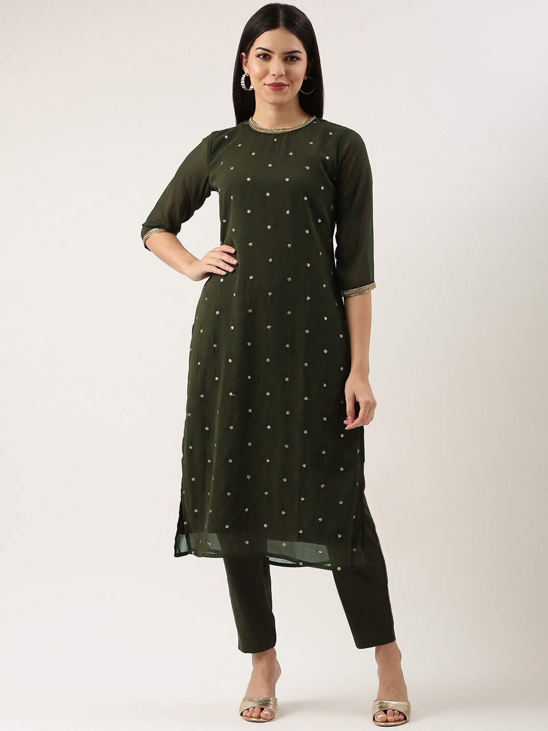 

Saanjh Olive Embroidered Sequinned Straight Kurta with Trousers
