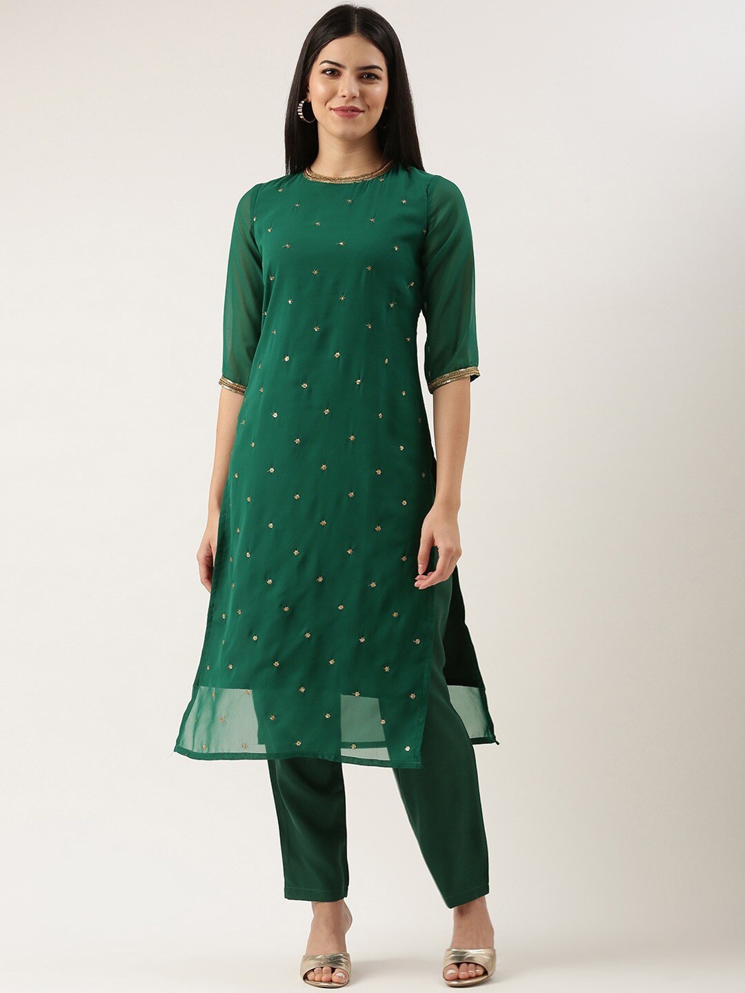 

Saanjh Green Floral Embroidered Straight Kurta with Trousers