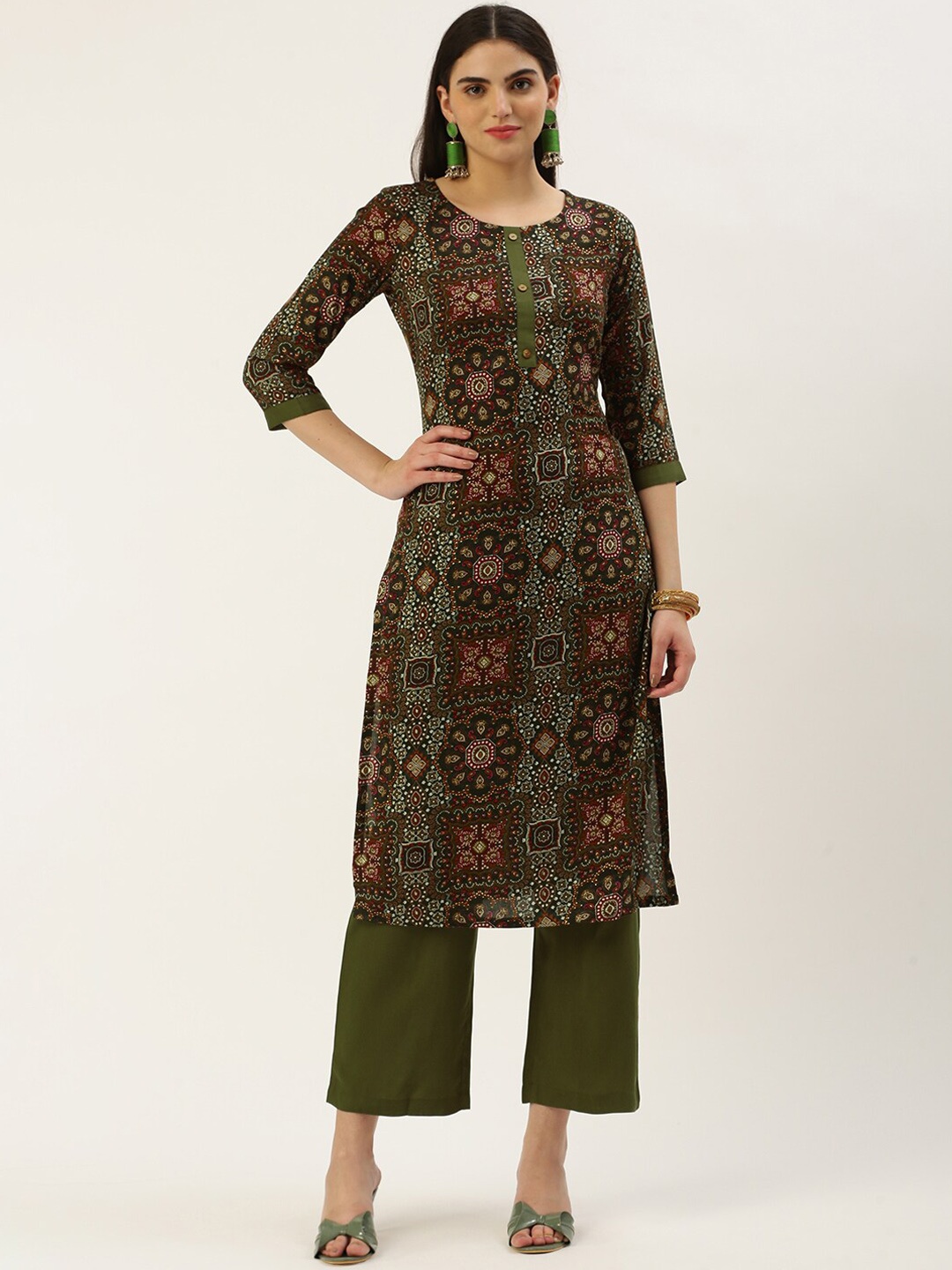 

Saanjh Green Ethnic Motifs Printed Straight Kurta with Trousers