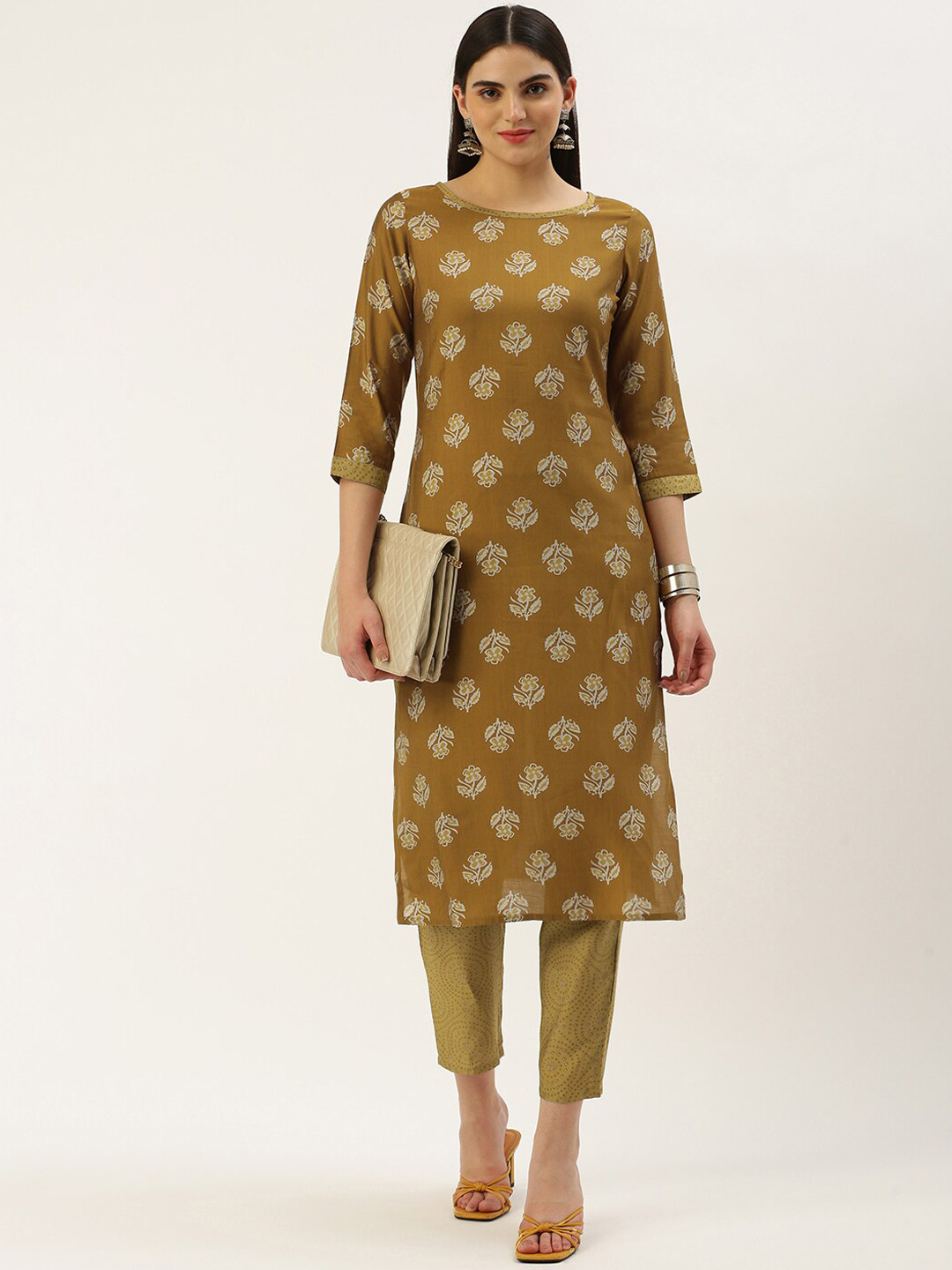 

Saanjh Mustard Yellow Floral Printed Round Neck Kurta with Trousers