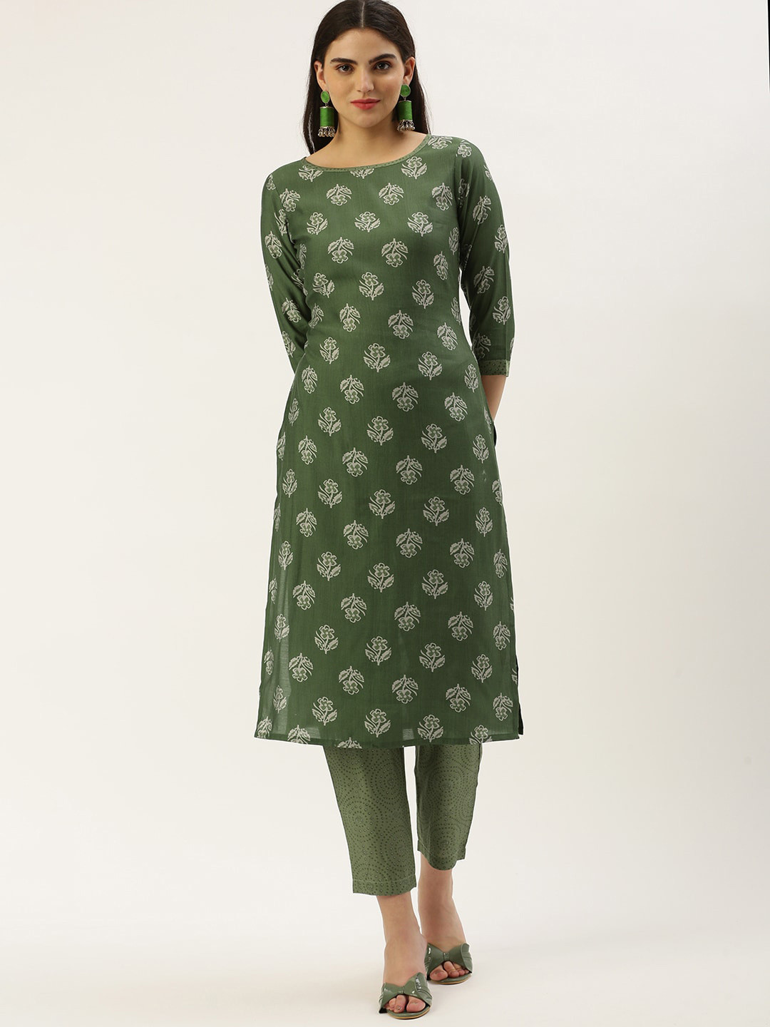 

Saanjh Green Ethnic Motifs Printed Regular Straight Kurta with Trousers