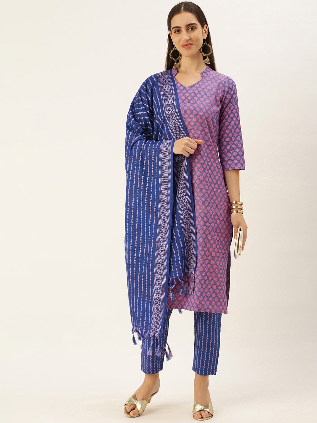 

Saanjh Pink Ethnic Woven Design Straight Kurta with Trousers & Dupatta