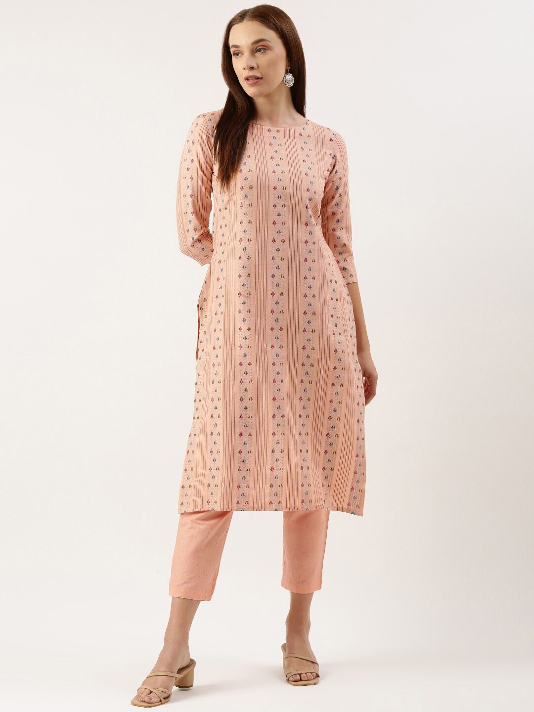 

Saanjh Peach Coloured Geometric Woven Design Straight Kurta with Trousers