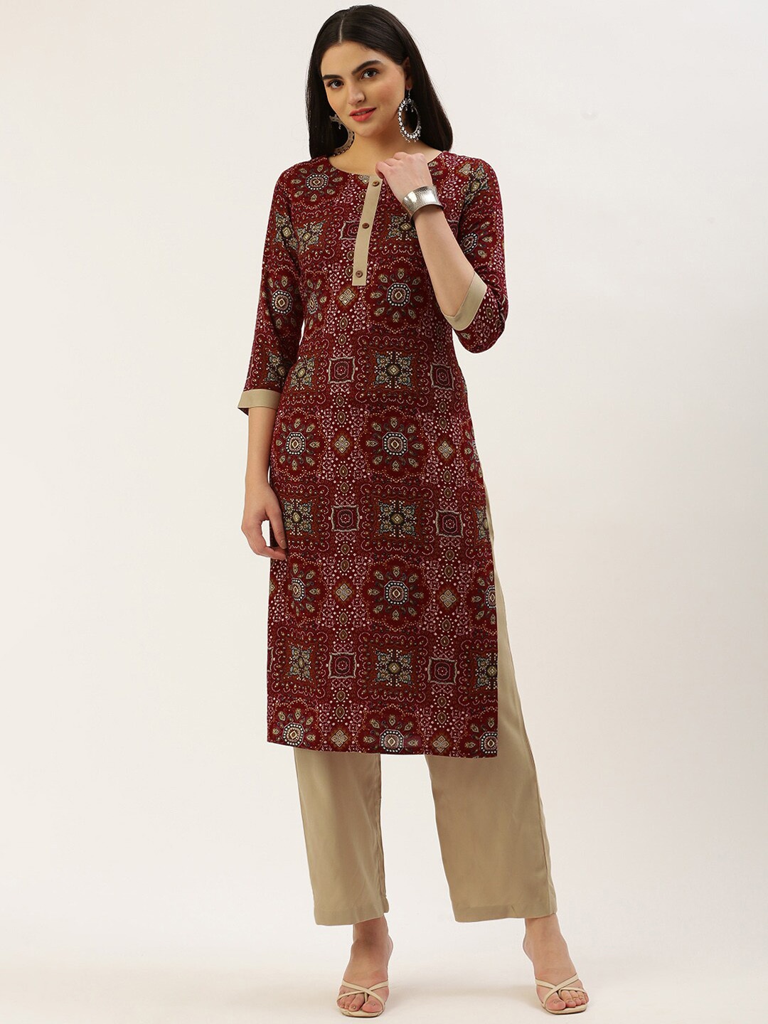 

Saanjh Maroon Ethnic Printed Straight Kurta with Trousers