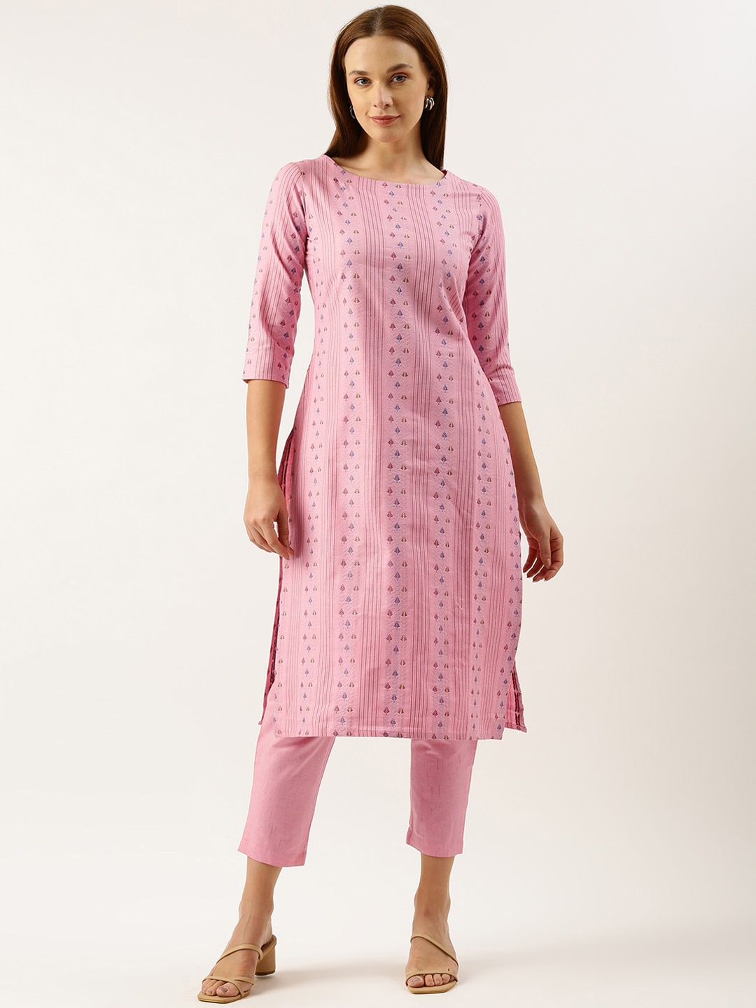 

Saanjh Printed Regular Thread Work Cotton Kurta with Trousers, Pink