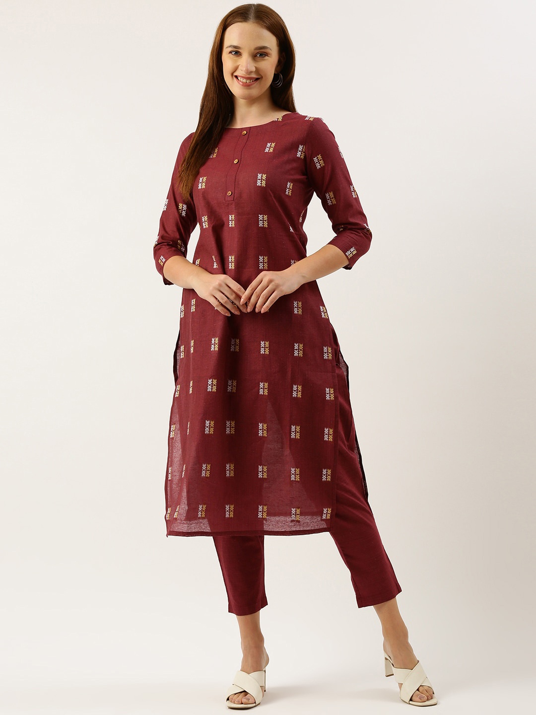 

Saanjh Maroon Geometric Woven Design Straight Kurta with Trousers