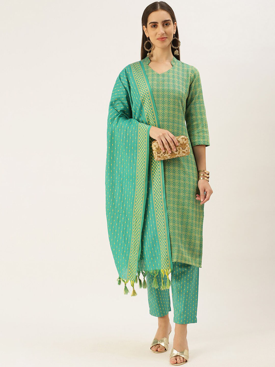 

Saanjh Green Ethnic Woven Design Straight Kurta with Trousers & Dupatta