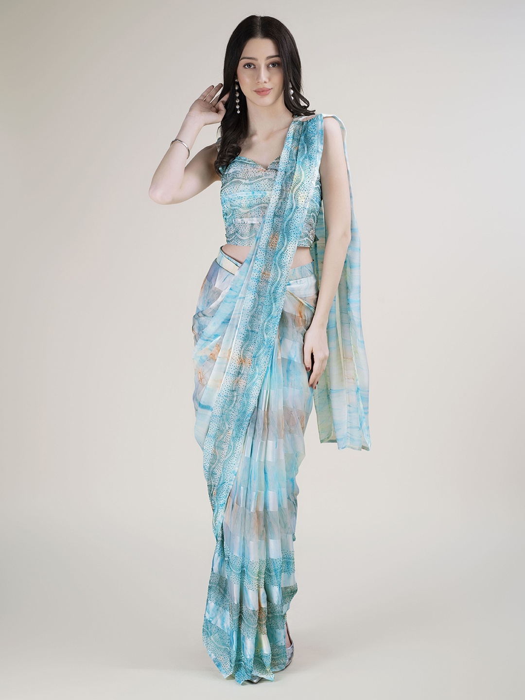 

AMOHA TRENDZ Striped Beads and Stones Satin Ready to Wear Saree, Blue