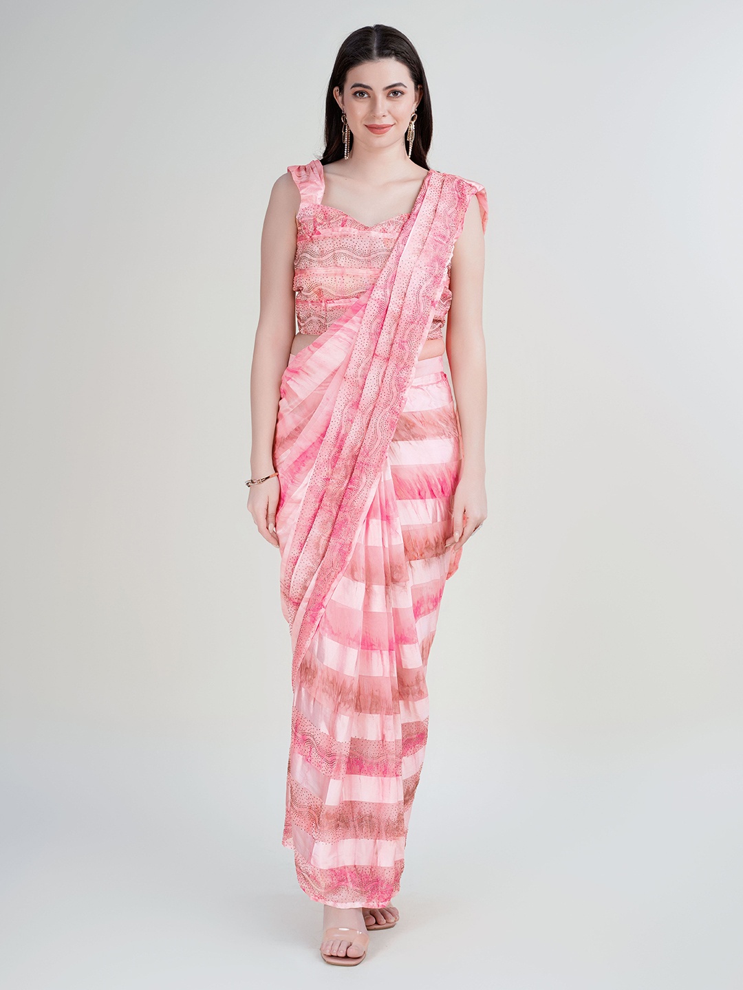 

AMOHA TRENDZ Striped Beads and Stones Satin Ready to Wear Saree, Pink