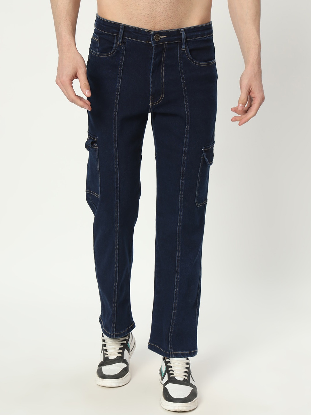 

BAESD Men Jean Straight Fit Mid-Rise Low Distress Stretchable Cargo Styles Jeans, Navy blue