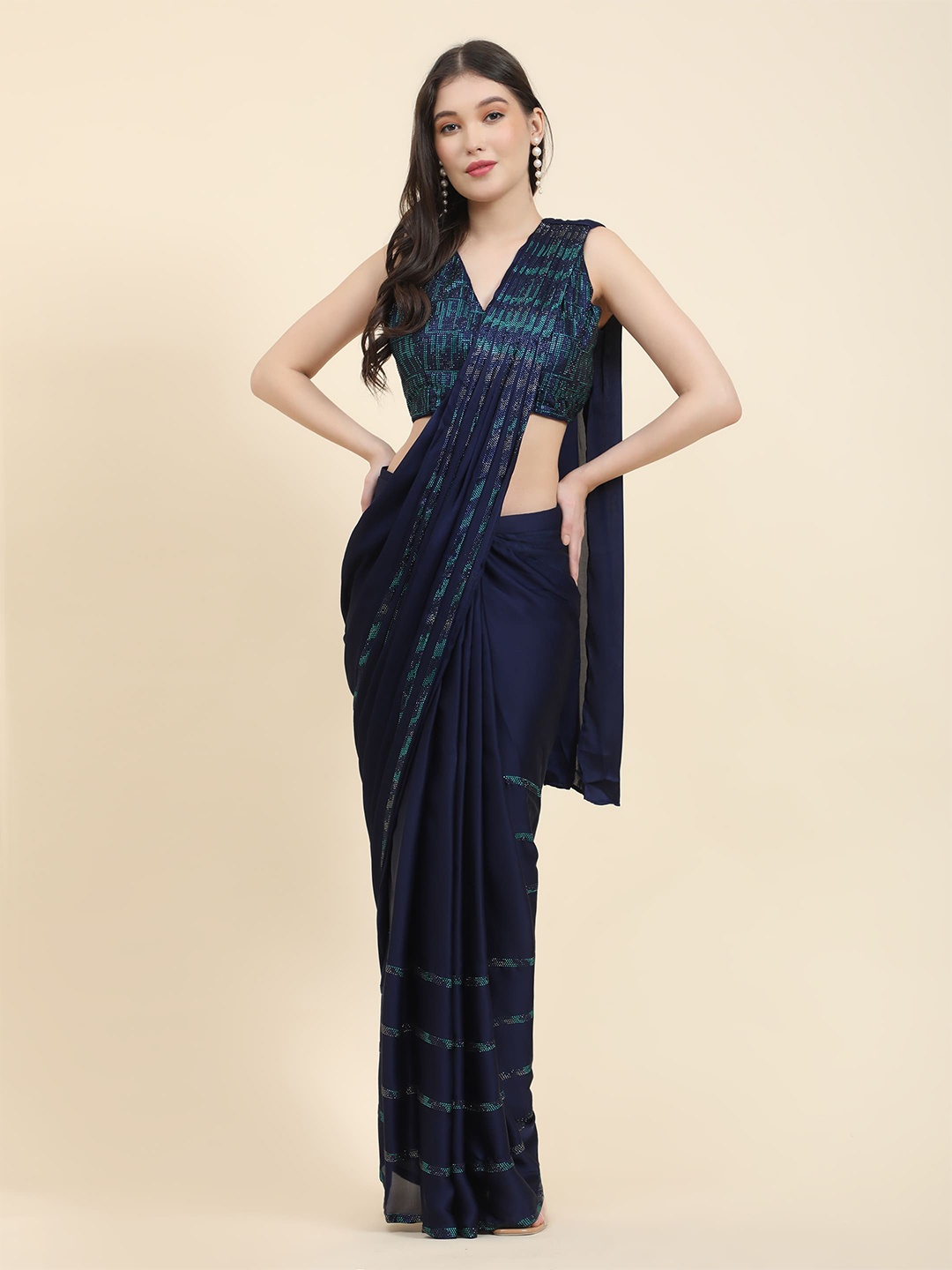 

AMOHA TRENDZ Embellished Beads and Stones Satin Saree, Blue