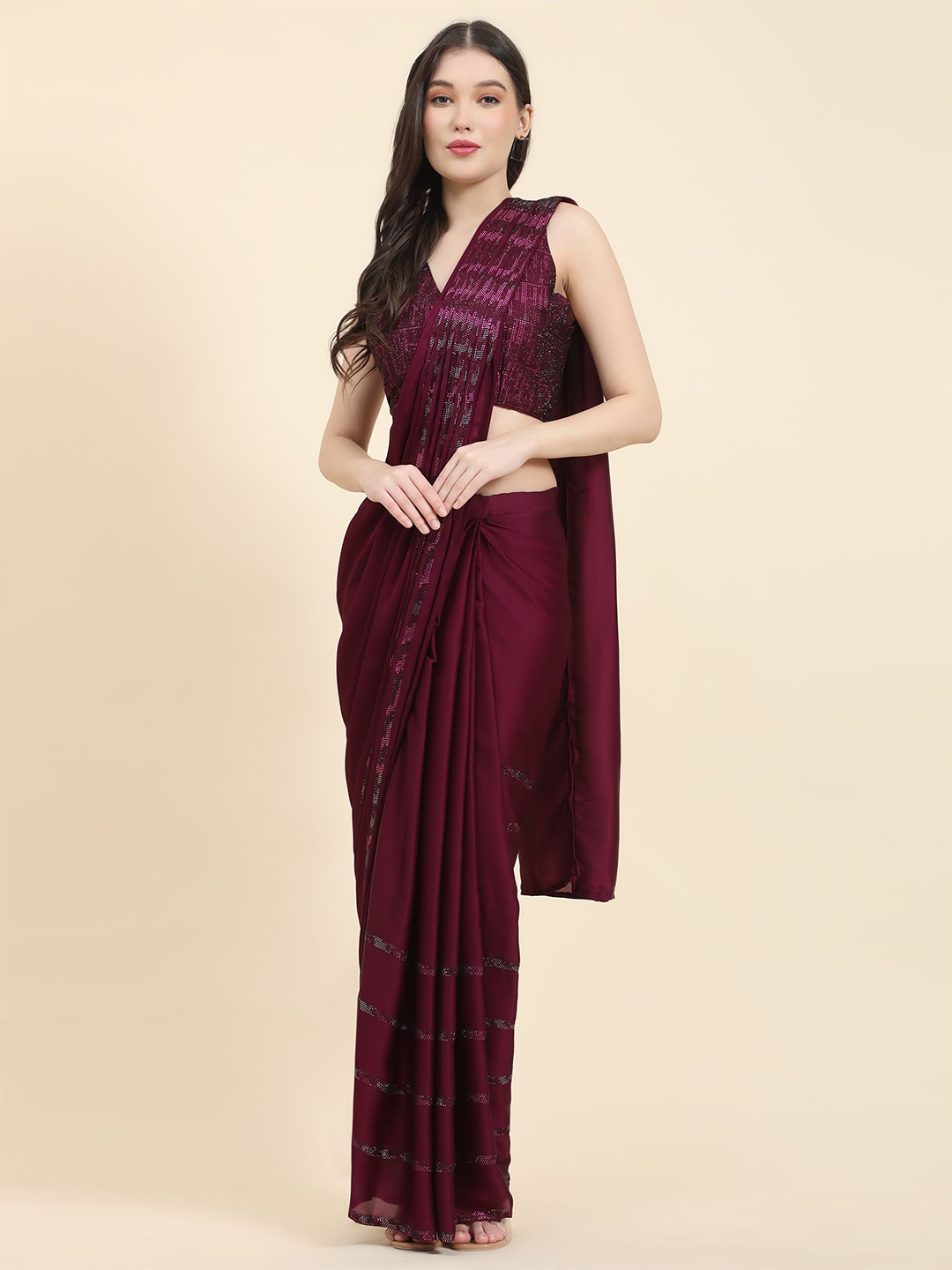 

AMOHA TRENDZ Embellished Beads and Stones Satin Saree, Purple