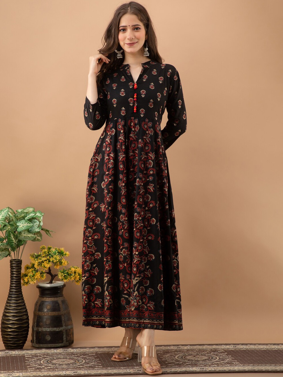 

PURSHOTTAM WALA Women Ethnic Motifs Printed Mirror Work Floral Anarkali Kurta, Black