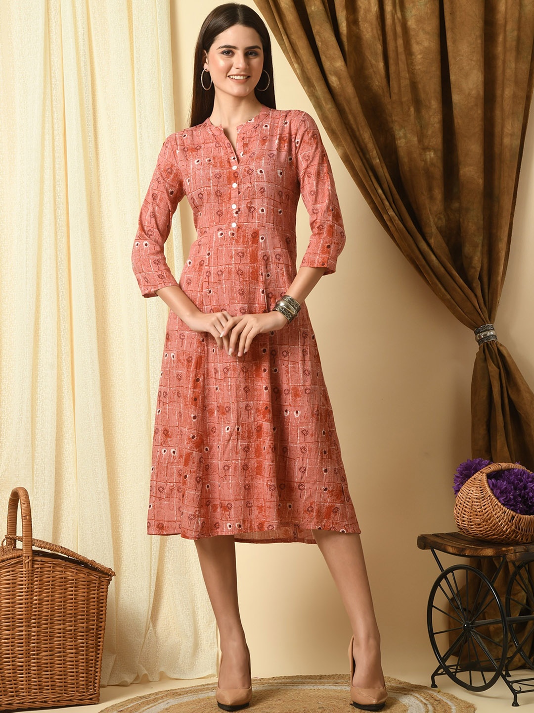

KALINI Geometric Printed A-Line Dress, Pink