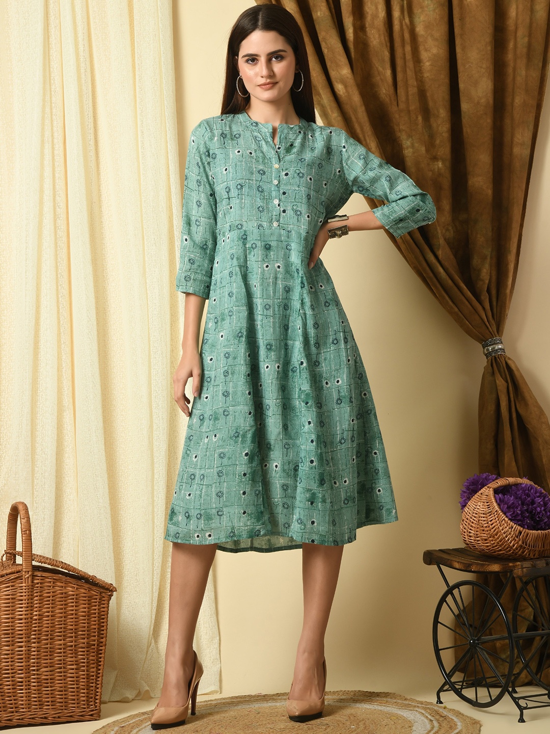 

KALINI Geometric Printed A-Line Dress, Green