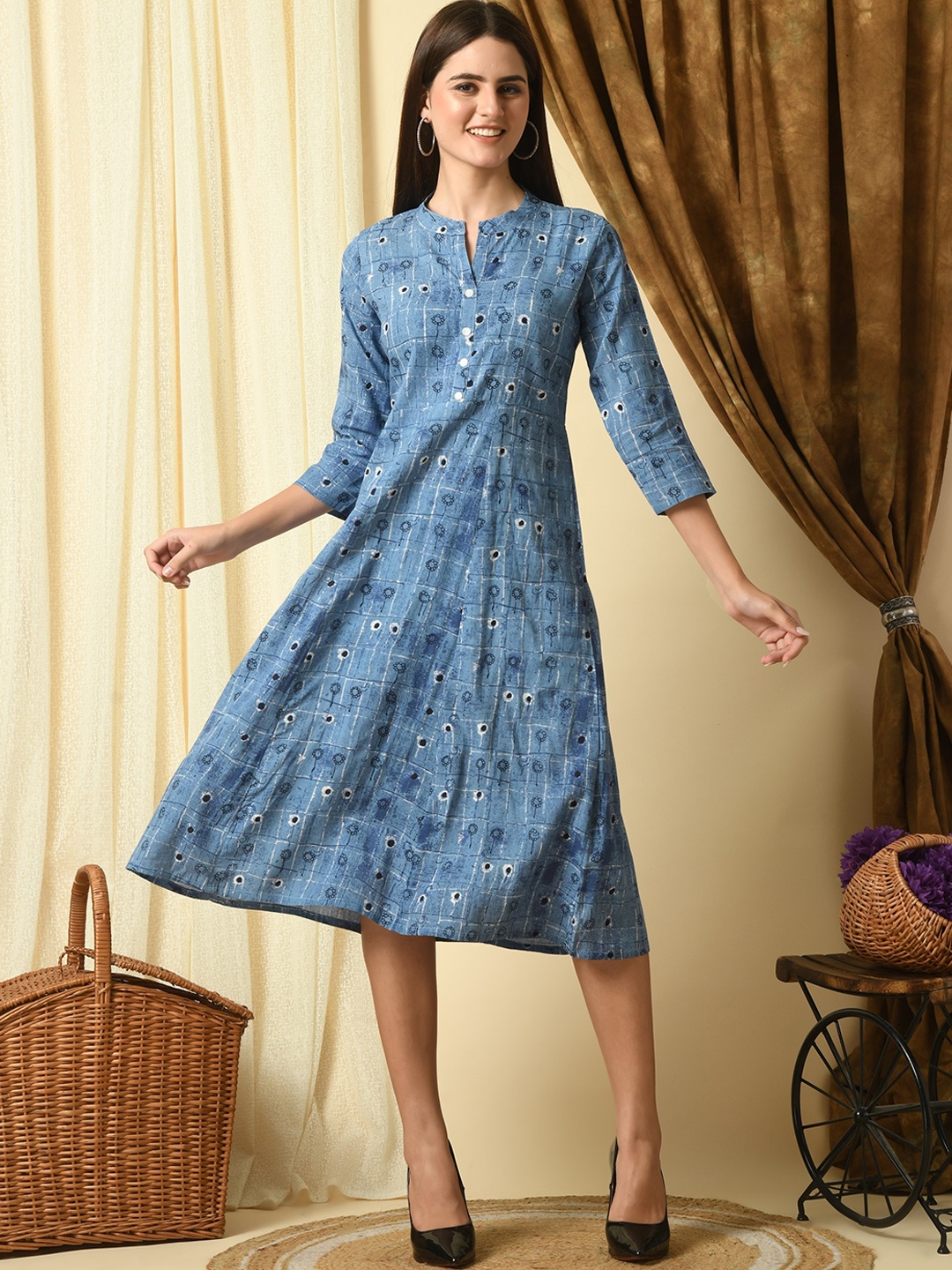

KALINI Geometric Printed Mandarin Collar Fit and Flare Midi Ethnic Dress, Blue
