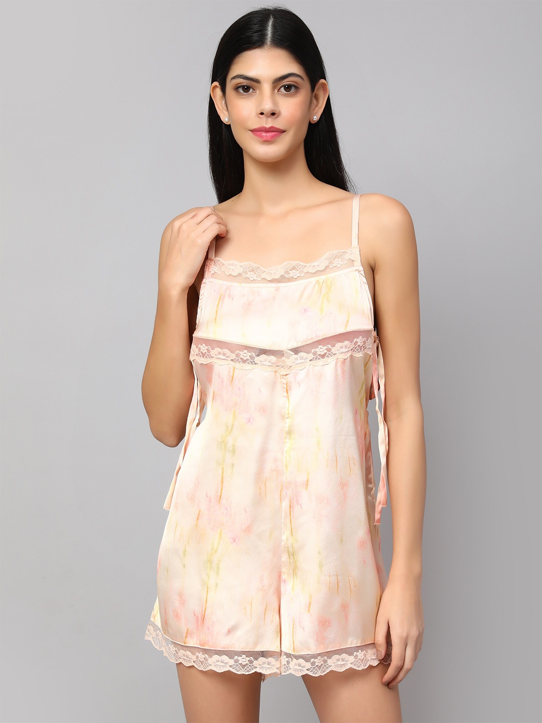 

Amagyaa Printed Shoulder Straps Satin Nightdress, Peach