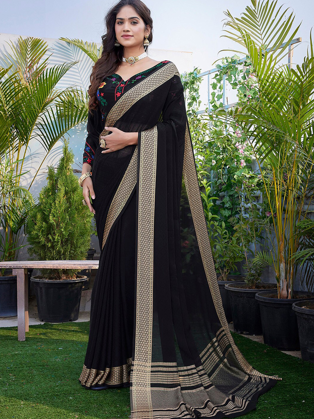 

SANSKAR Pure Chiffon Saree, Black
