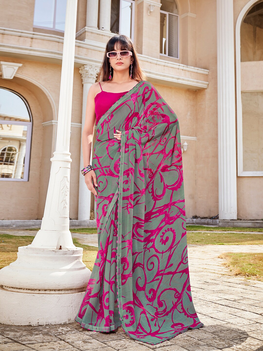

SANSKAR Printed Pure Georgette Saree, Grey
