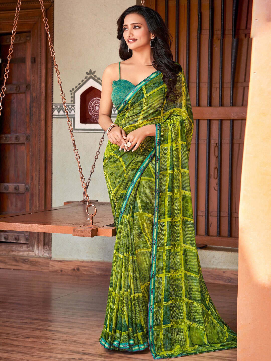 

SANSKAR Geometric Printed Pure Georgette Saree, Green