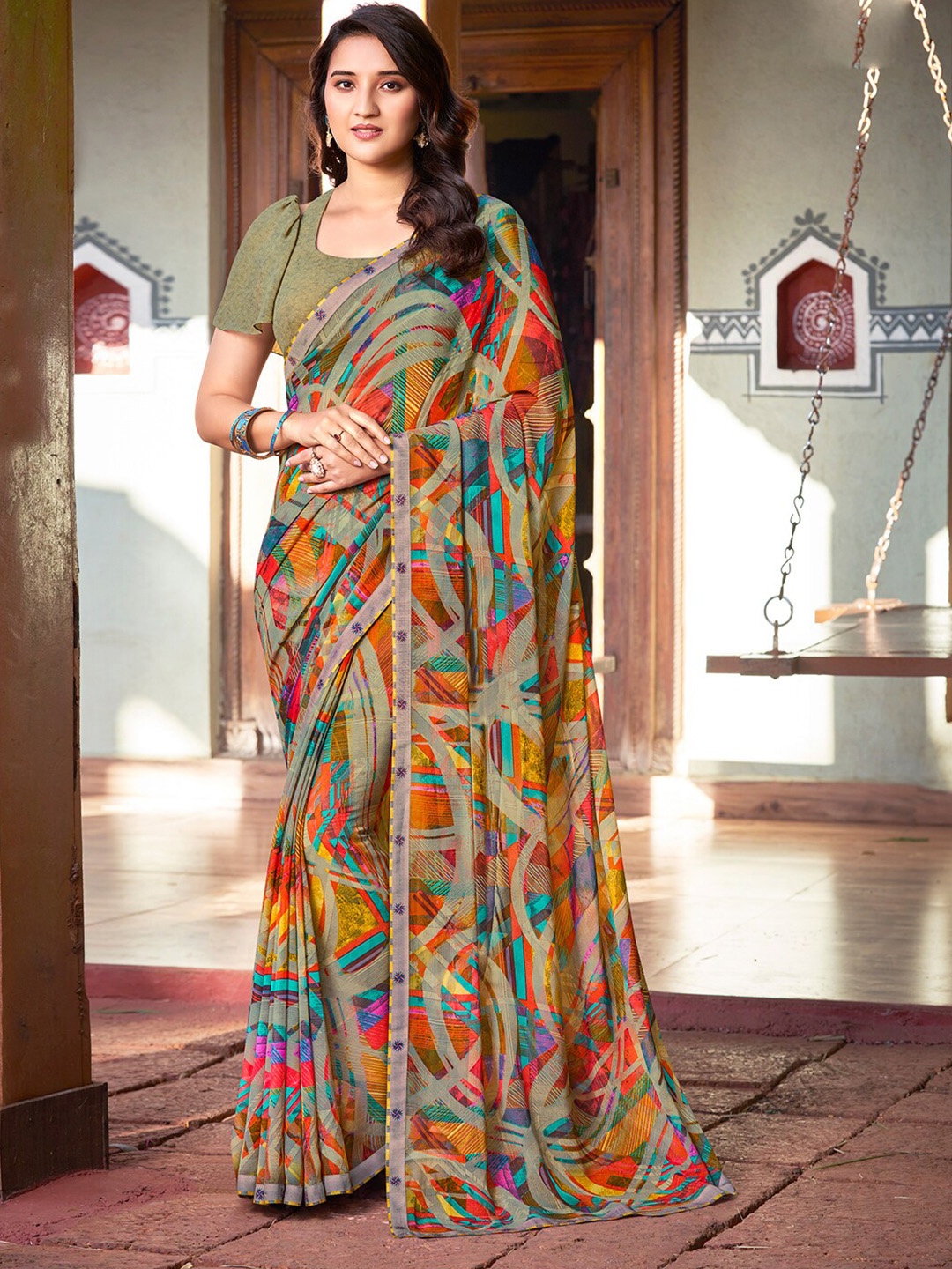 

SANSKAR Embroidered Printed Pure Georgette Saree, Off white