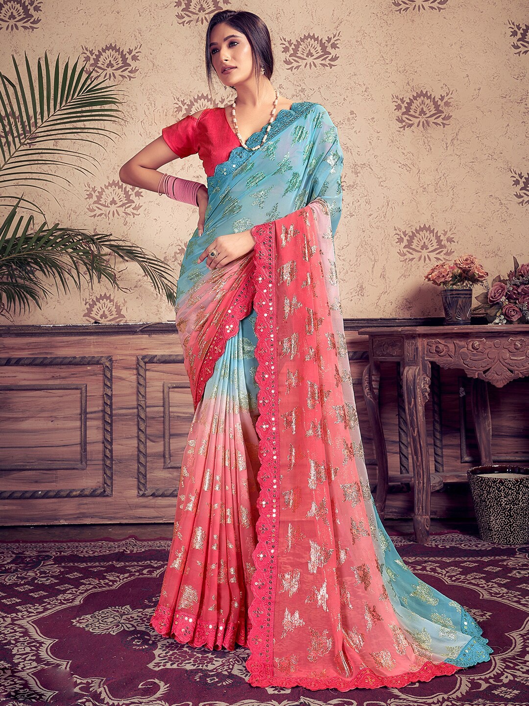 

SANSKAR Ethnic Motifs Printed Sequinned Pure Georgette Saree, Blue