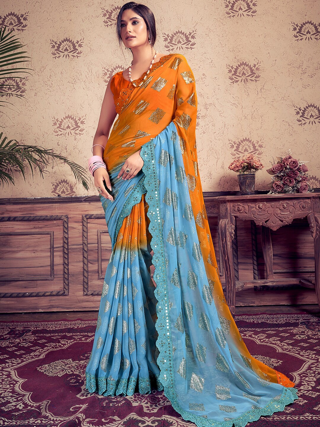 

SANSKAR Ethnic Motifs Embroidered Pure Georgette Saree, Orange