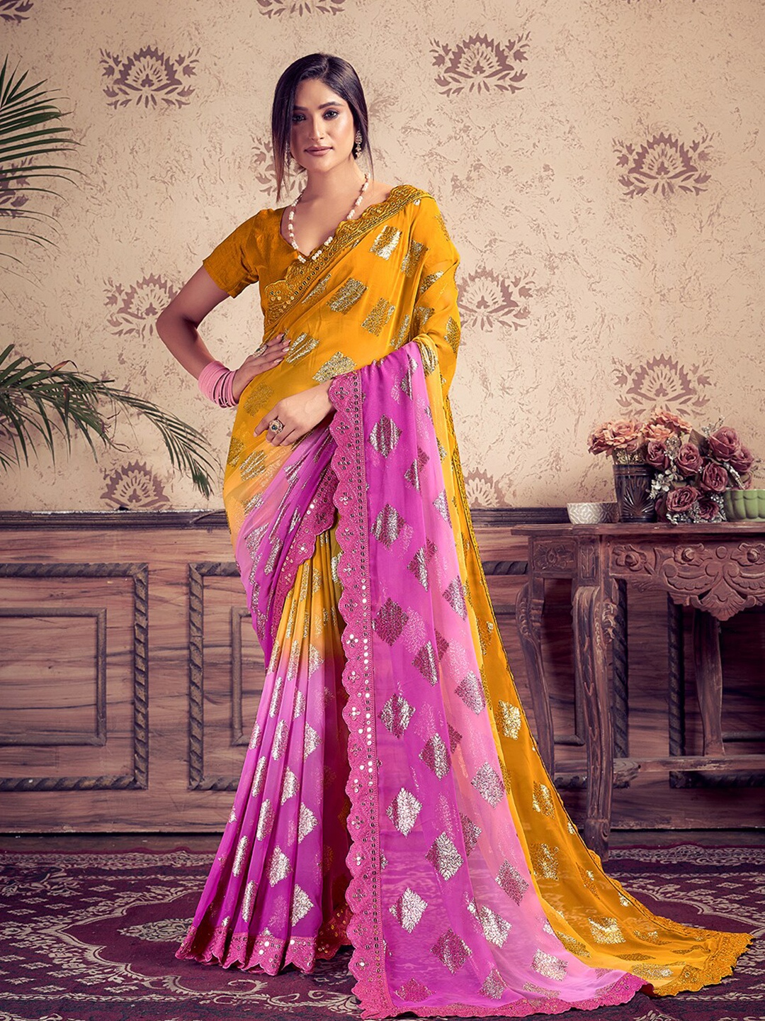 

SANSKAR Ethnic Motifs Woven Design Sequinned Pure Georgette Saree, Orange