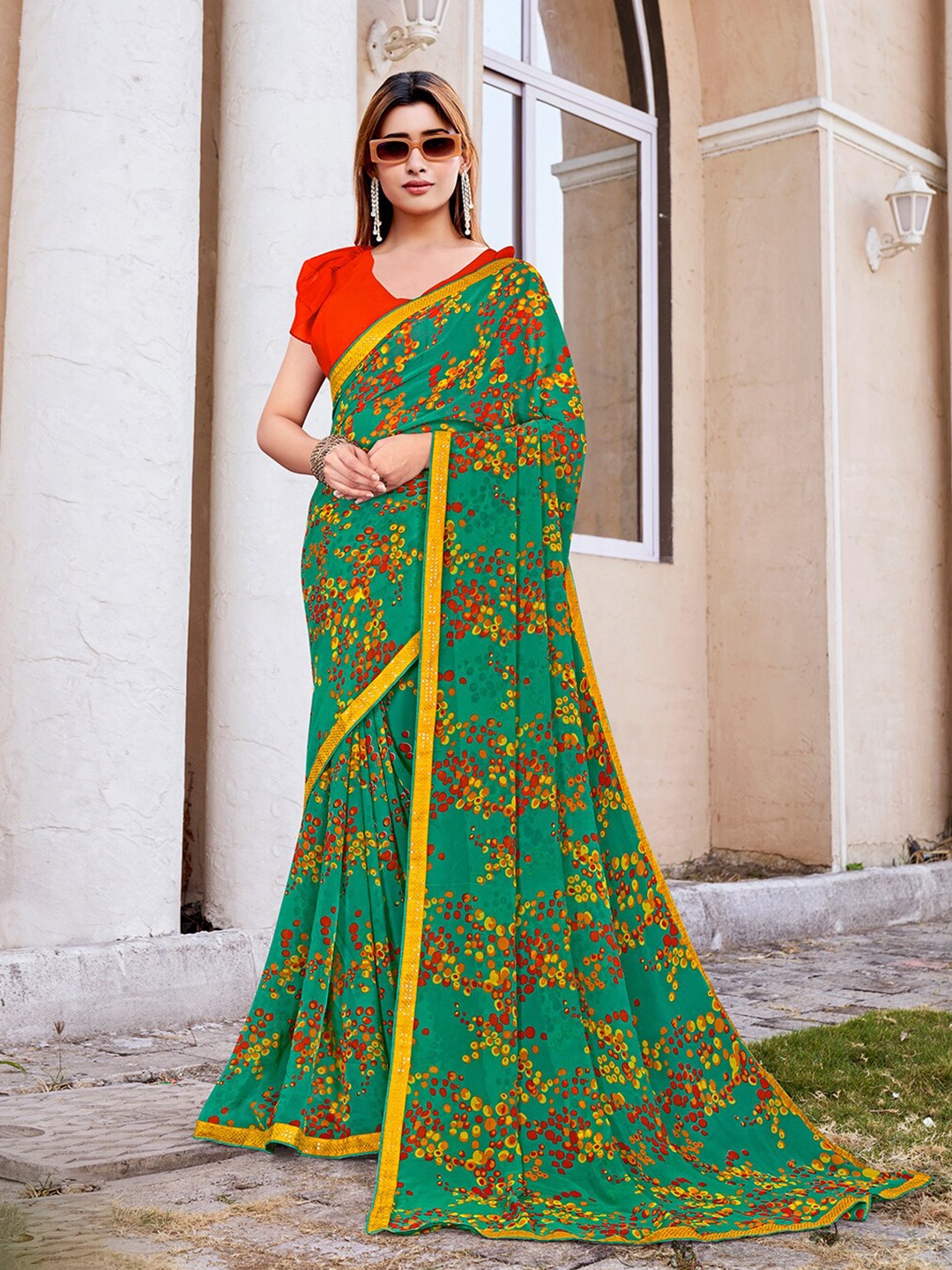 

SANSKAR Floral Sequinned Pure Georgette Saree, Blue