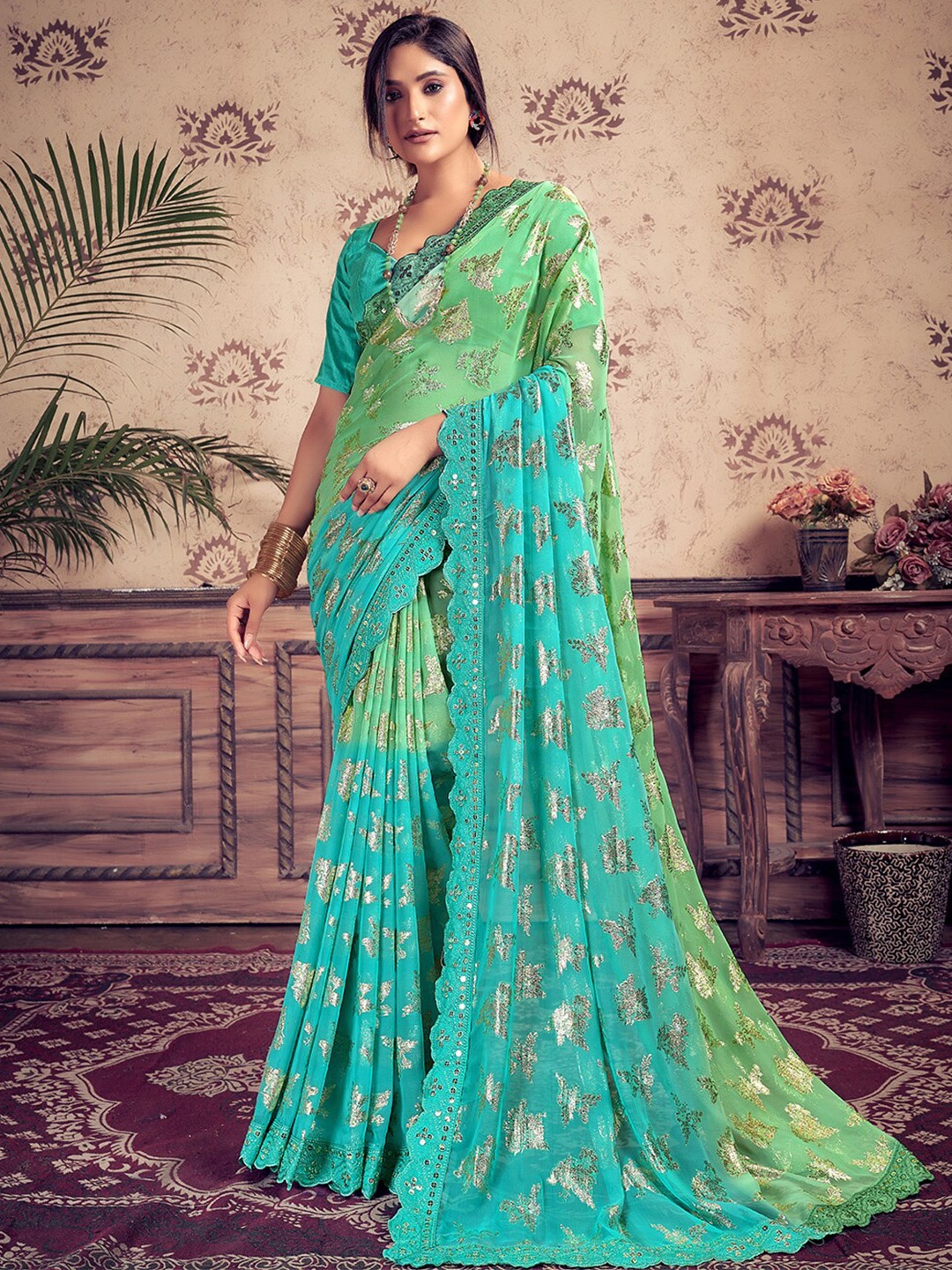 

SANSKAR Ethnic Motifs Printed Embroidered Mirror Work Pure Georgette Saree, Green