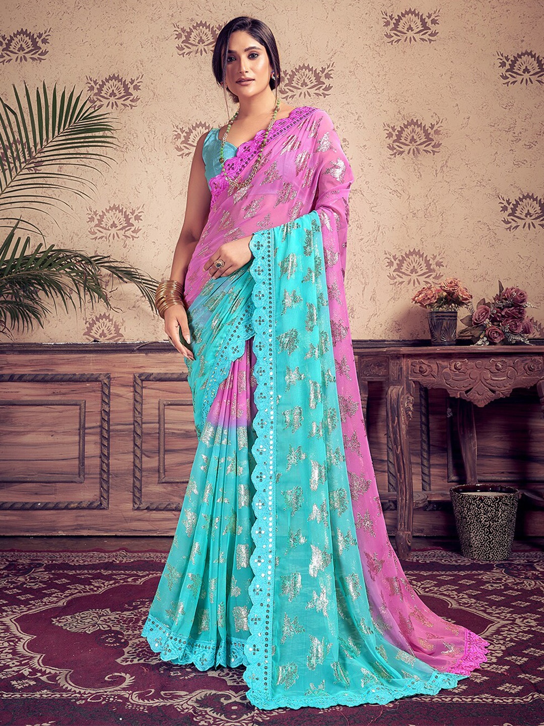 

SANSKAR Ethnic Motifs Printed Embroidered Mirror Work Pure Georgette Saree, Pink