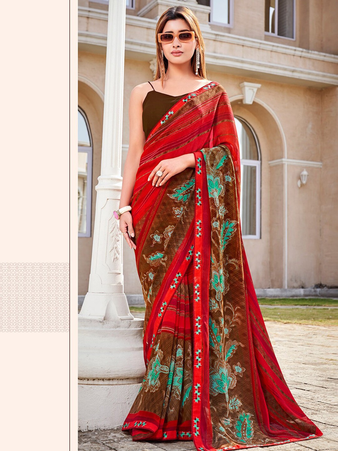 

SANSKAR Floral Printed Embroidered Pure Georgette Saree, Red