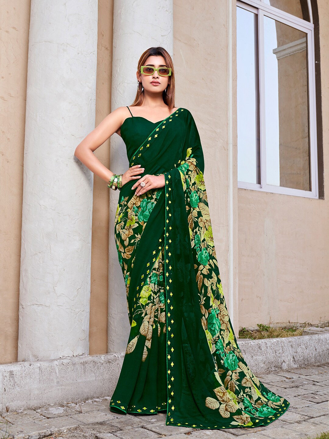 

SANSKAR Floral Embroidered Pure Georgette Saree, Green
