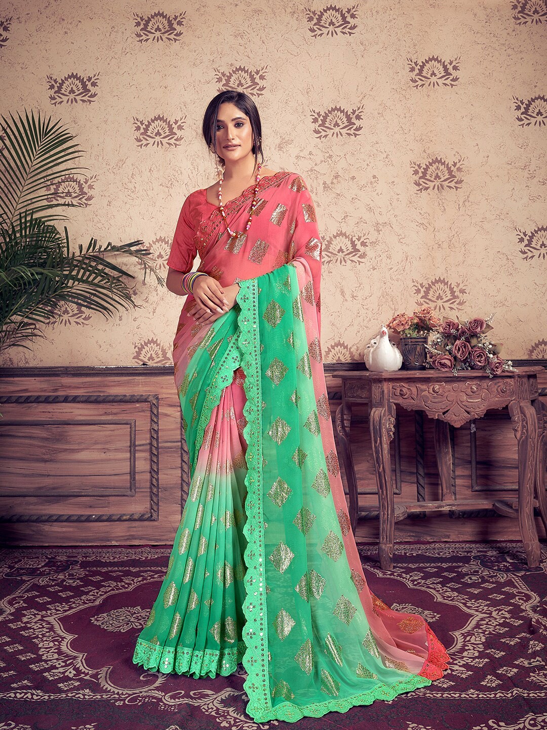 

SANSKAR Ethnic Motifs Printed Embroidered Mirror Work Pure Georgette Saree, Pink