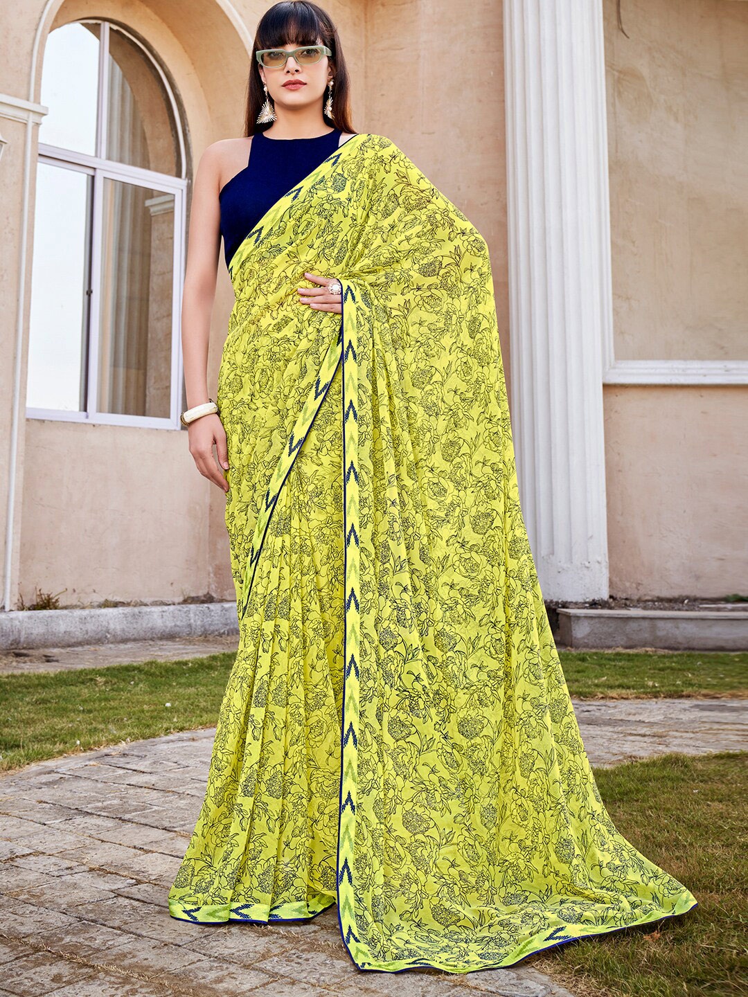 

SANSKAR Floral Printed Pure Georgette Saree, Yellow