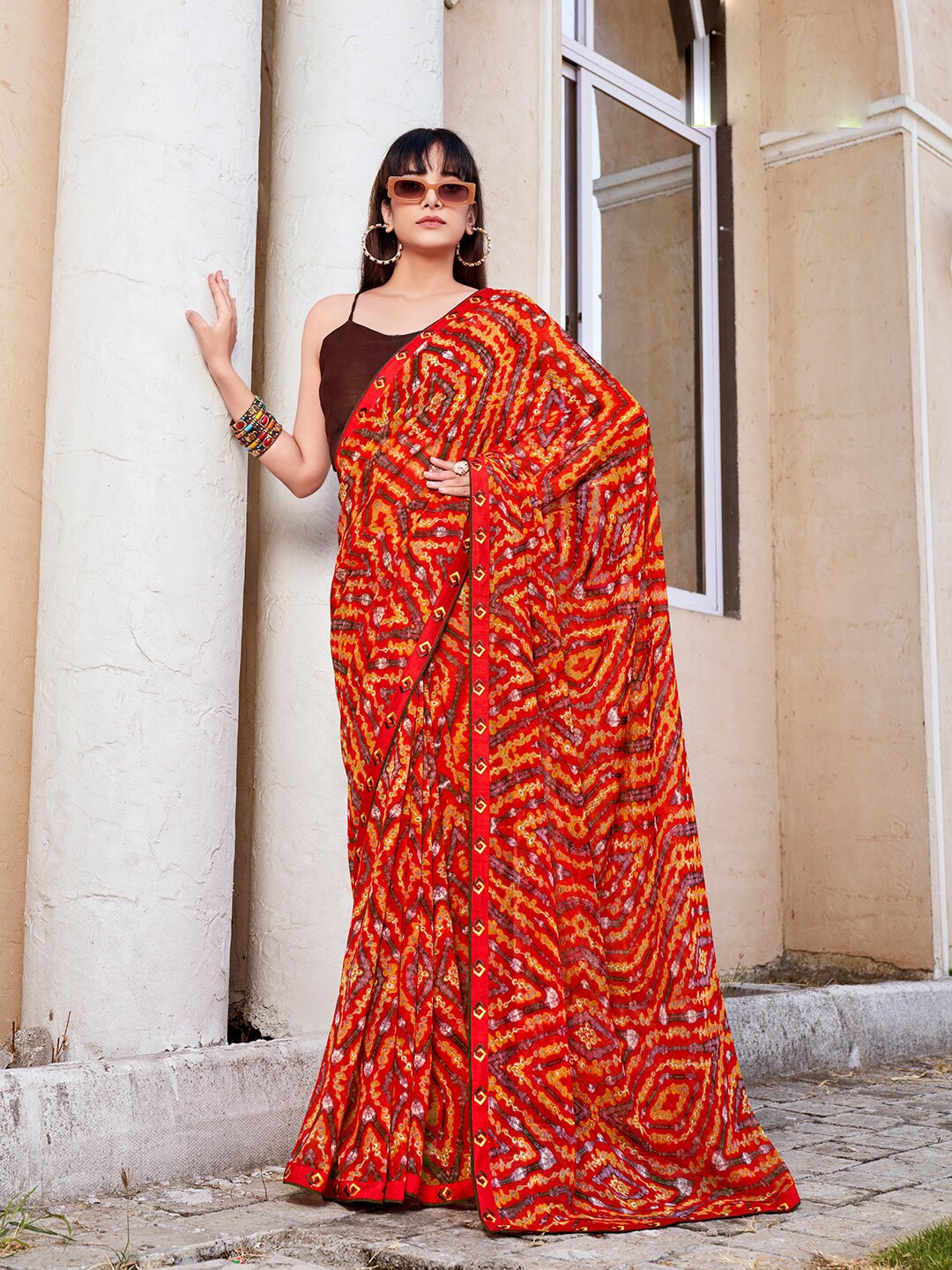 

SANSKAR Printed Pure Georgette Saree, Orange