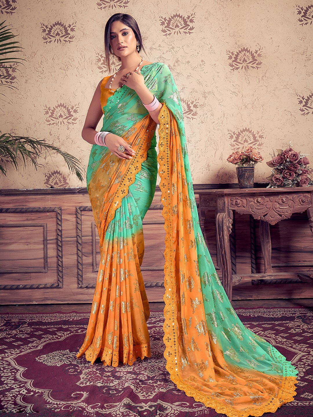 

SANSKAR Ethnic Motifs Zari Pure Georgette Saree, Sea green