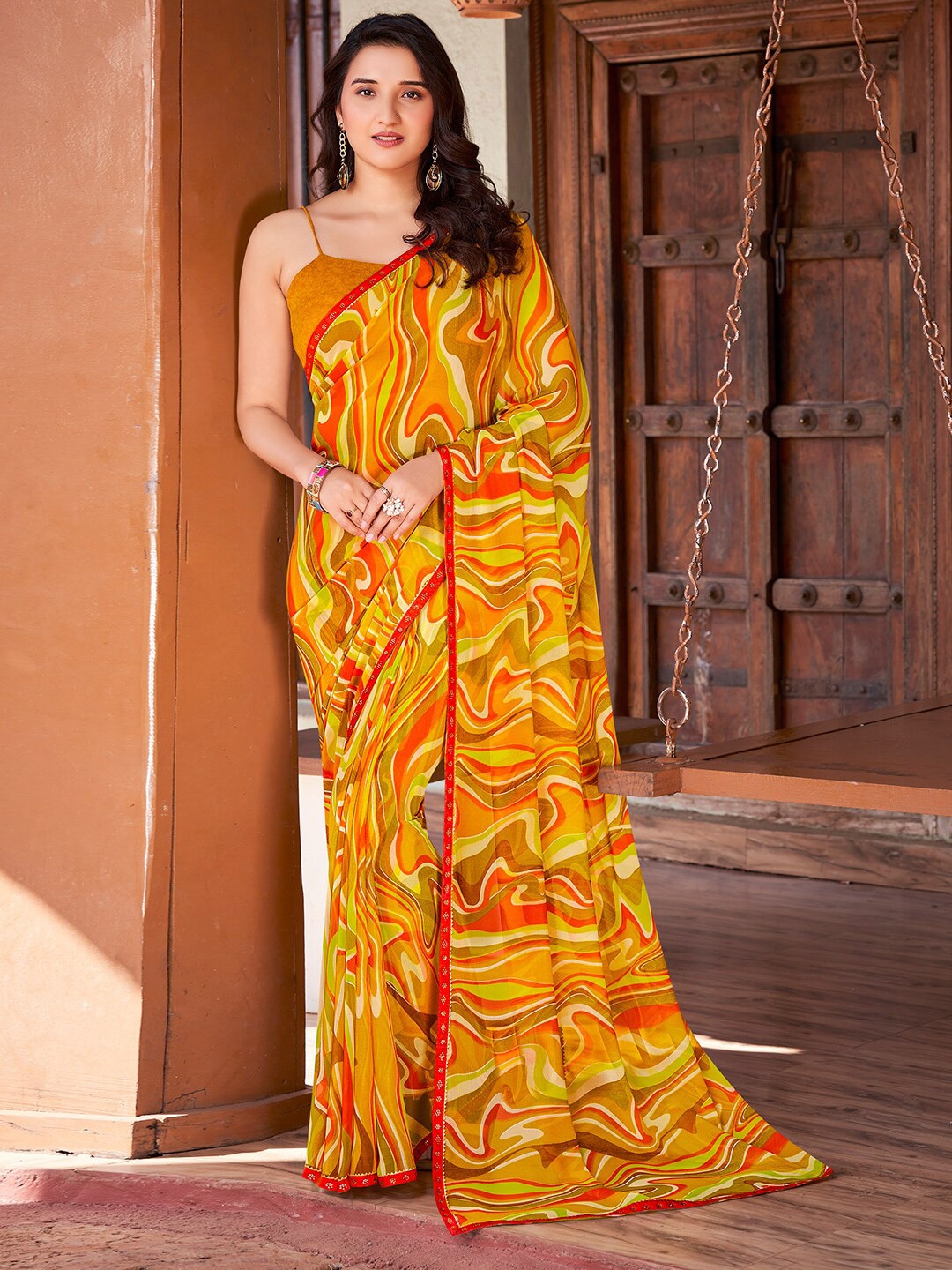 

SANSKAR Abstract Printed Pure Georgette Saree, Yellow