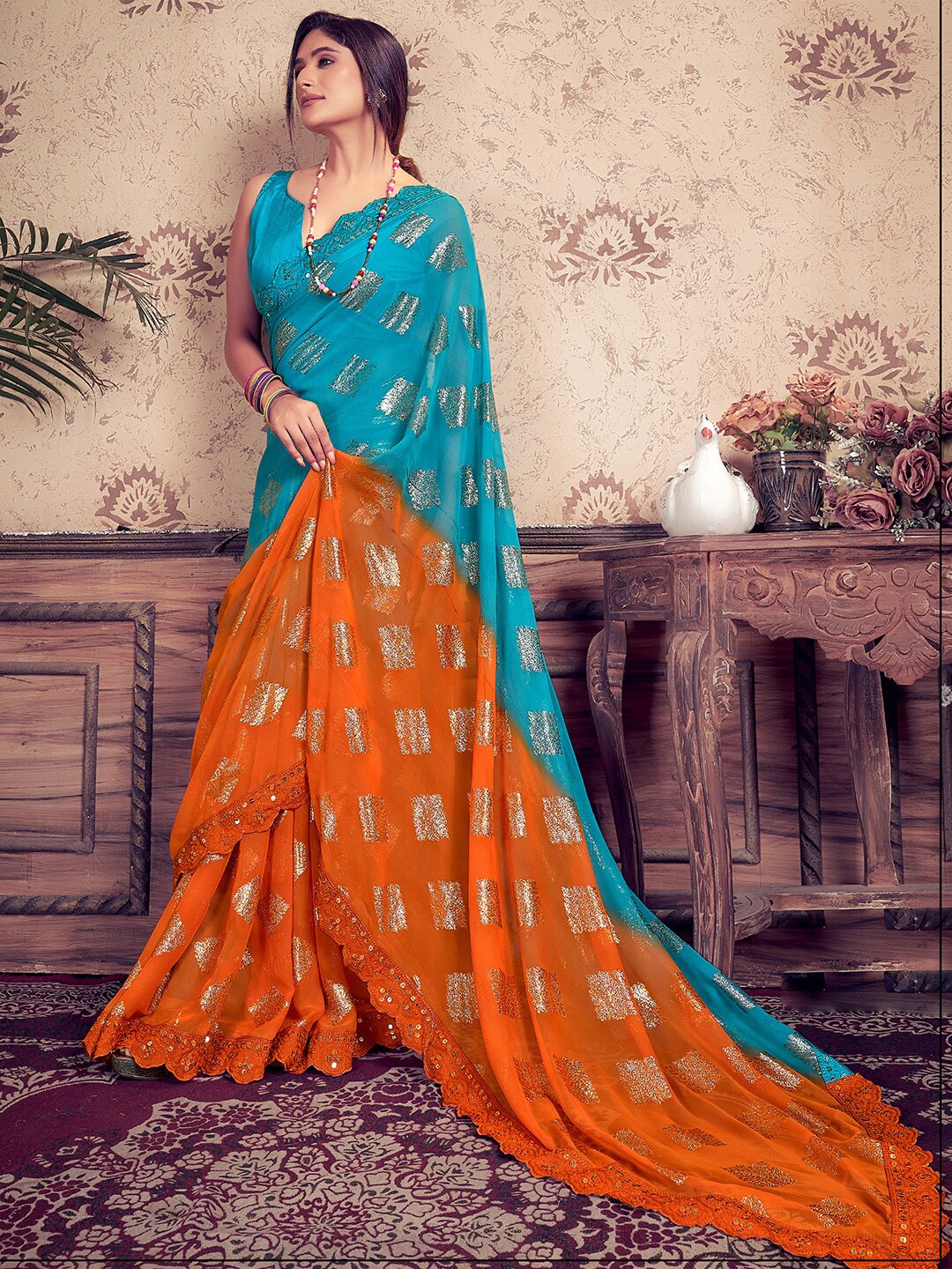 

SANSKAR Ethnic Motifs Sequinned Pure Georgette Saree, Blue