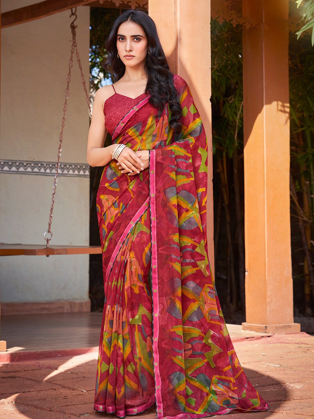 

SANSKAR Abstract Print Pure Georgette Saree, Magenta