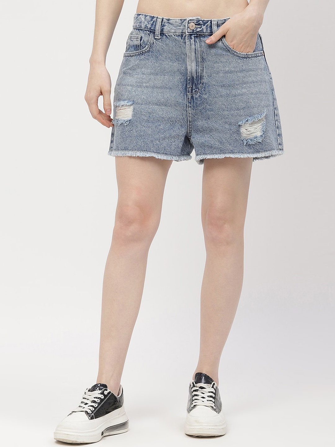 

Madame Women Washed High-Rise Distressed Cotton Denim Shorts, Blue