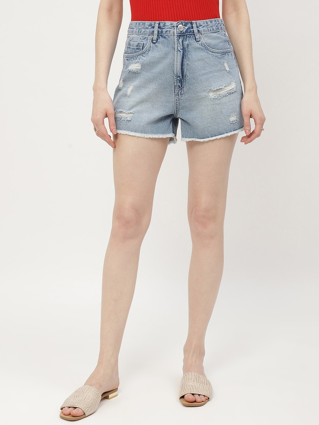 

Madame Women Washed High-Rise Distressed Cotton Denim Shorts, Blue