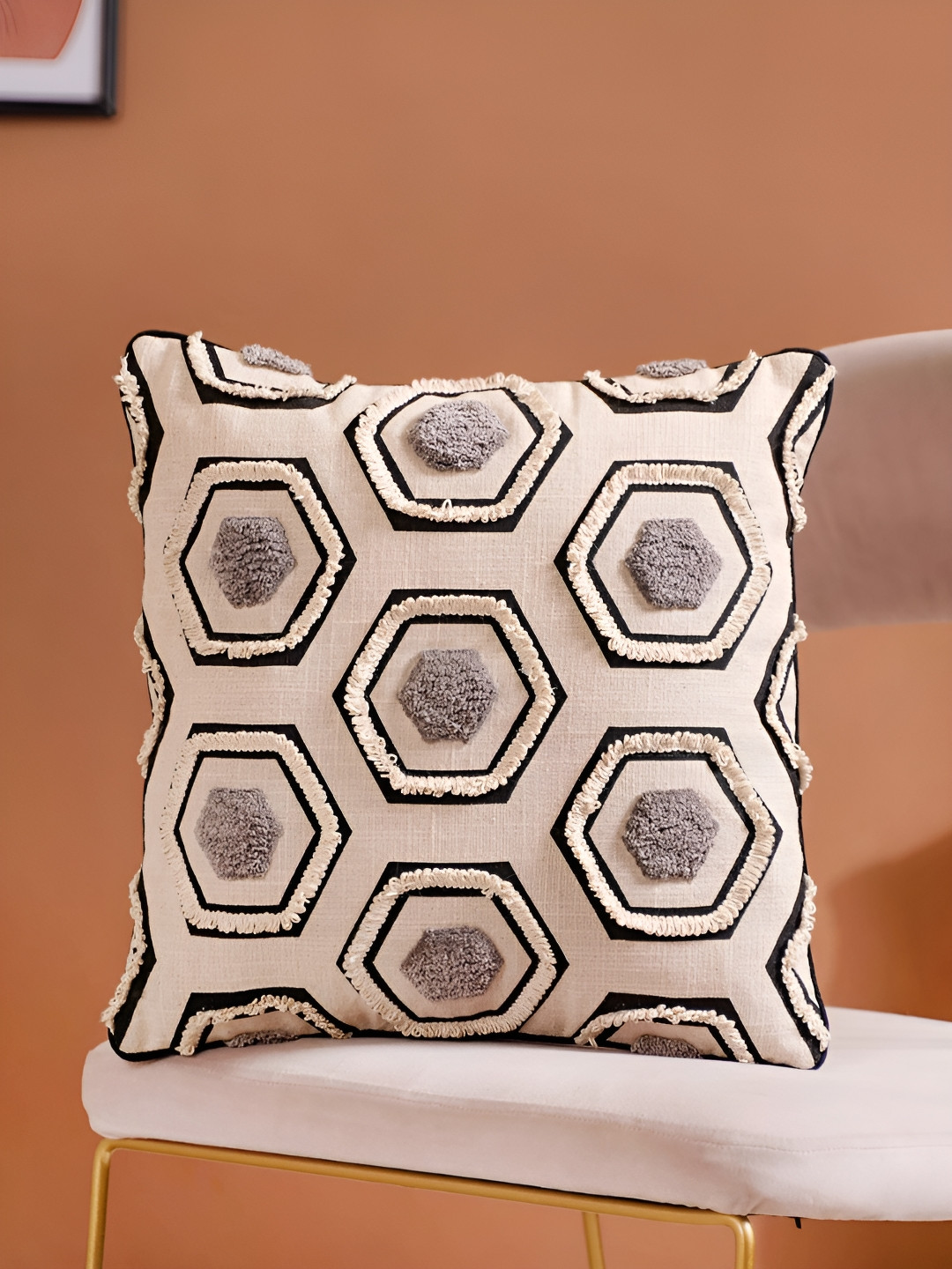 

Nestasia White & Black Hexagon Thread Work Square Cushion Cover