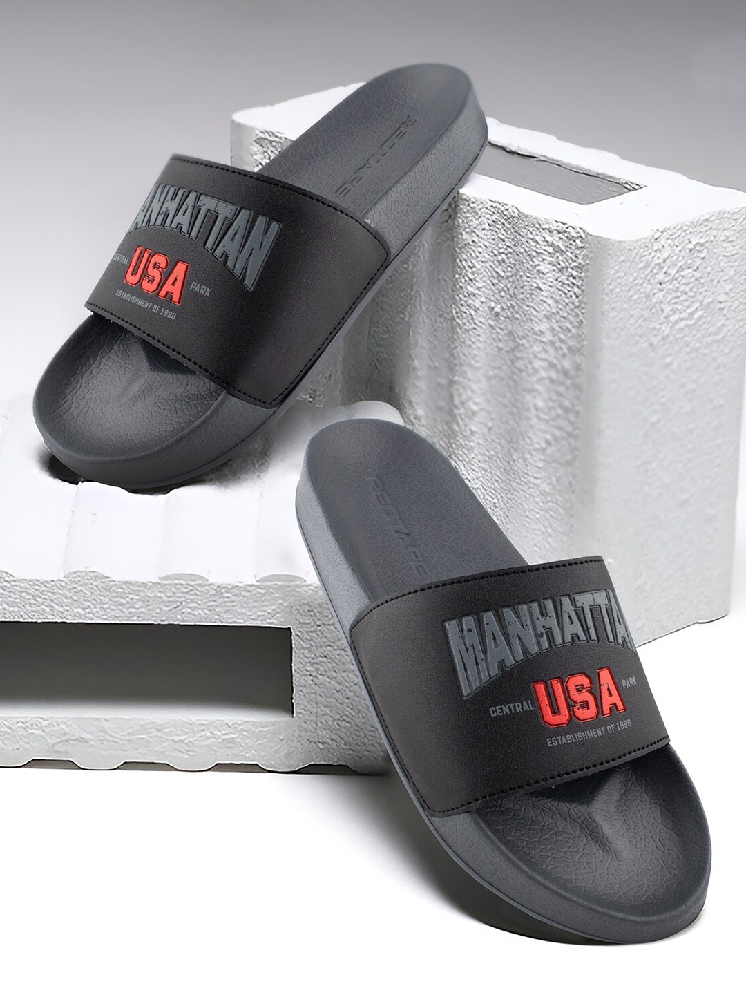 

Red Tape Men Typography Printed Sliders, Black