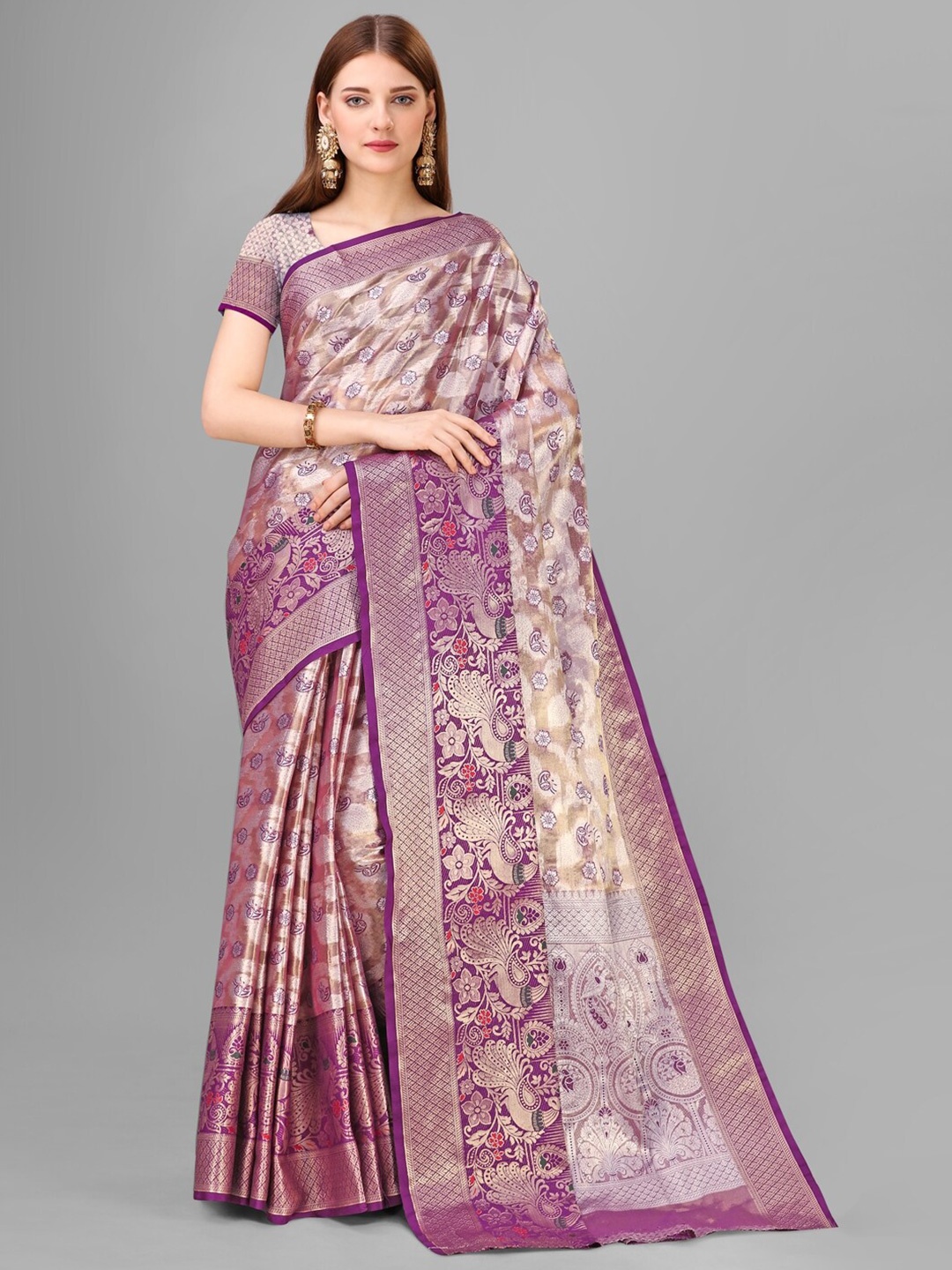 

Sadika Floral Woven Design Zari Tissue Silk Banarasi Saree, Purple