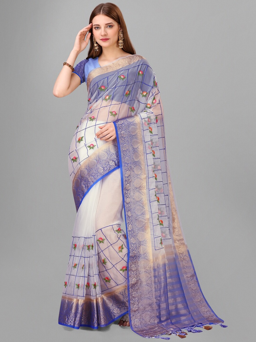 

Sadika Floral Embroidered Organza Silk Banarasi Saree, Blue
