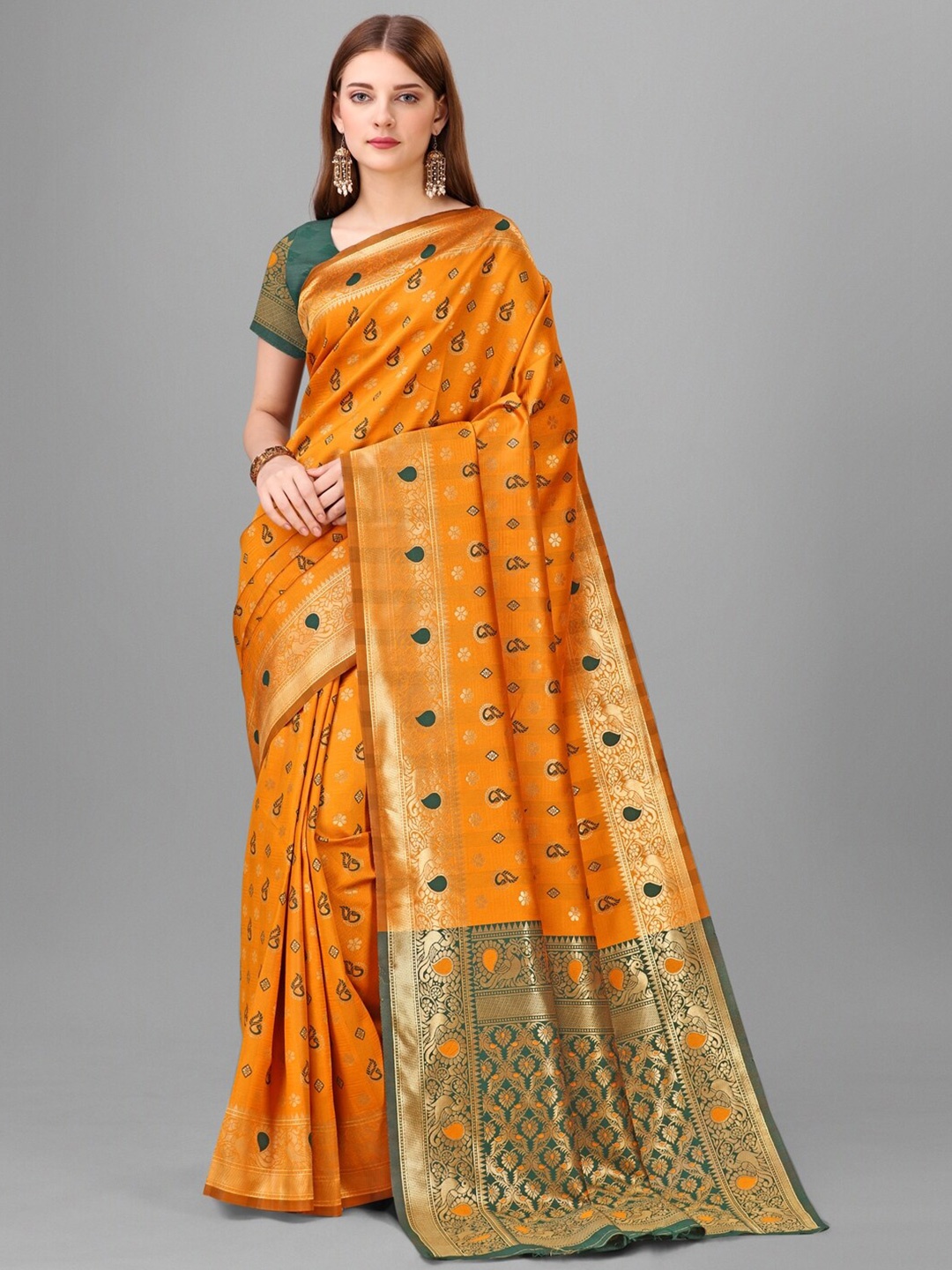 

Sadika Ethnic Motifs Woven Design Zari Cotton Silk Kanjeevaram Saree, Yellow